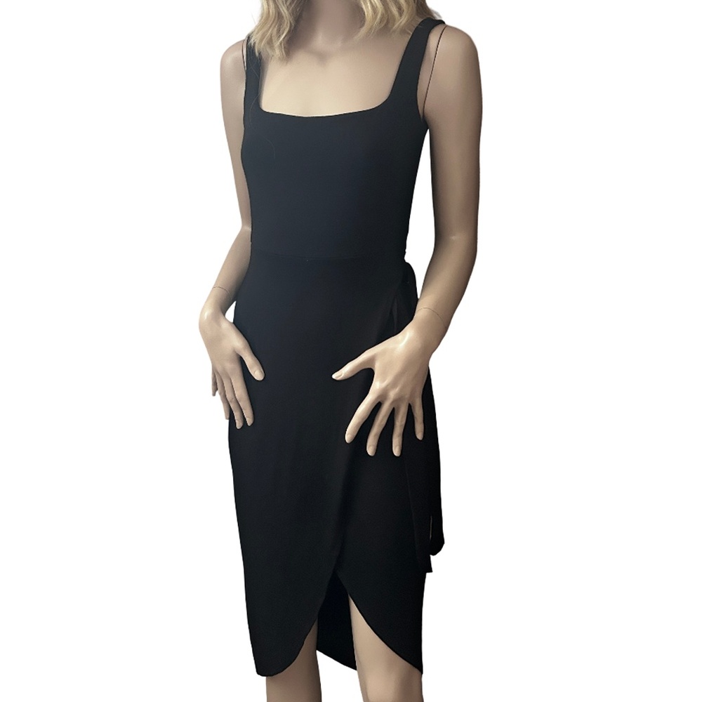 See You Monday Los Angeles Chic Black Sleeveless Dress Faux Wrap Jersey